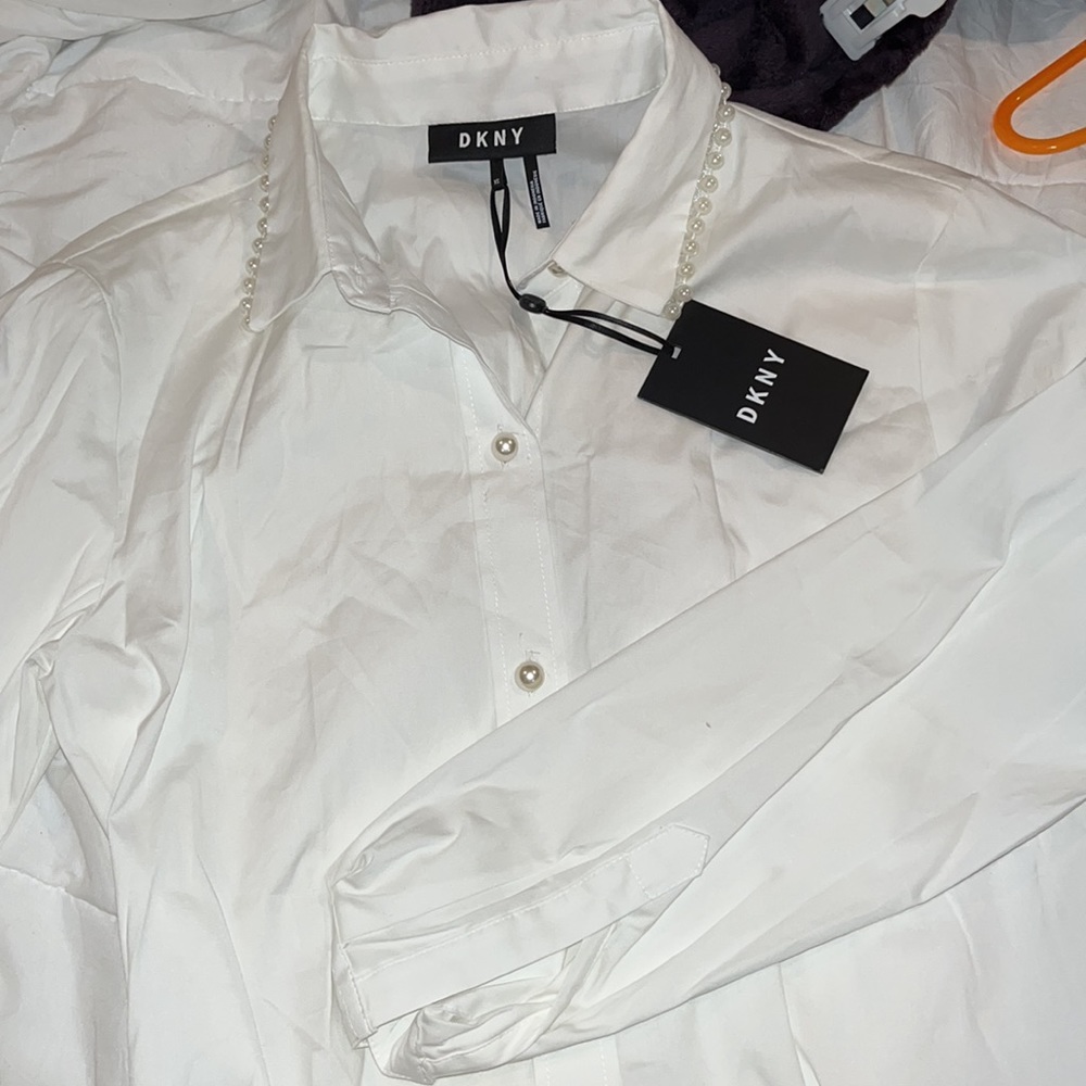 DKNY button down pearl blouse